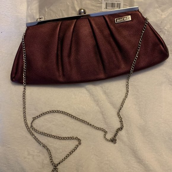 Miche Wine Maroon Metallic Berry Clutch Faux Leather Chain Strap Crossbody Purse - Picture 1 of 3